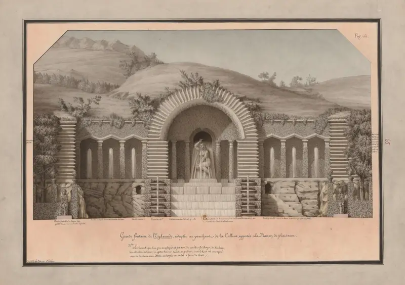 Große Fontäne auf der Esplanade, angepasst an die Hangneigung, gegenüber dem Lusthaus von Jean Jacques Lequeu