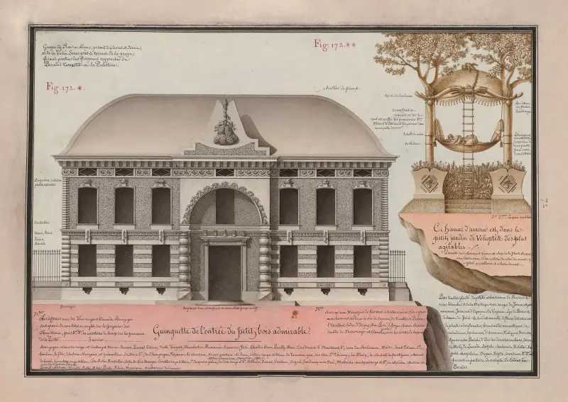 Guinguette de l’entrée du petit bois admirable ; Ce hamac d’amour est dans le petit jardin de voluptés des plus agréables av Jean Jacques Lequeu