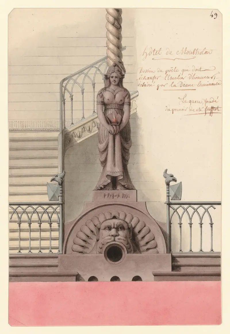 Hôtel de Montholon. Dessin du poële qui doit échaufer l’escalier d’honneur ; Eclairé par la Diane lumineuse av Jean Jacques Lequeu