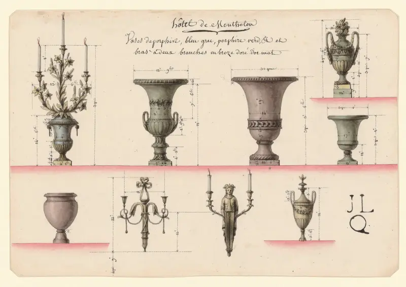 Hôtel de Montholon. Vases de porphire, bleu grec, porphire verd… et bras à deux branches en broze doré dor mat av Jean Jacques Lequeu