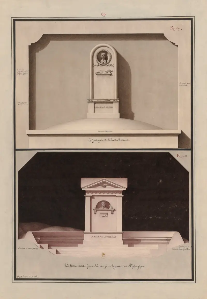 Le cénotaphe du valon des pasteurs (A Nicolas Poussin) ; Ce monument honorable est près le pont des philosophes (A Pierre Corneille) av Jean Jacques Lequeu