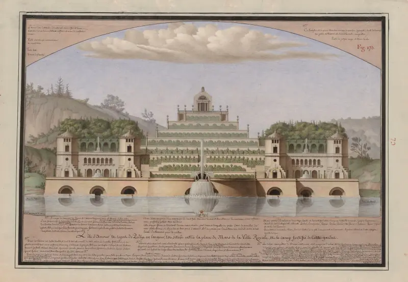 L’île d’amour et repos de pêche en largeur, est située entre la place de Mars de la ville royale, et le camp fortifié de l’élite-gardes av Jean Jacques Lequeu