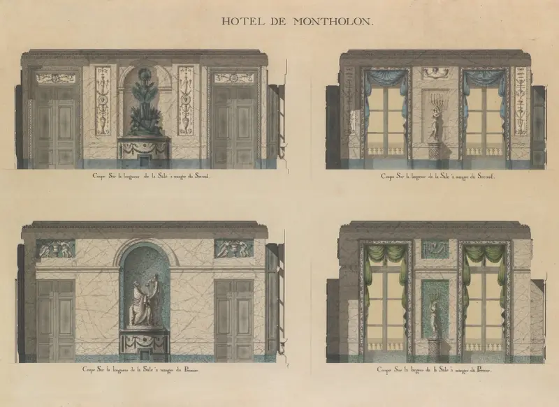 Längd- och tvärsektioner av matsalarna i Hôtel de Montholon av Jean Jacques Lequeu