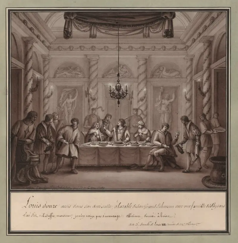 Louis douze assis dans son anti-salle, à la table de son grand échanson avec une famille de paysans… ; Acte 3e scène 6e de Louis XII comédie de Mr Valcour av Jean Jacques Lequeu