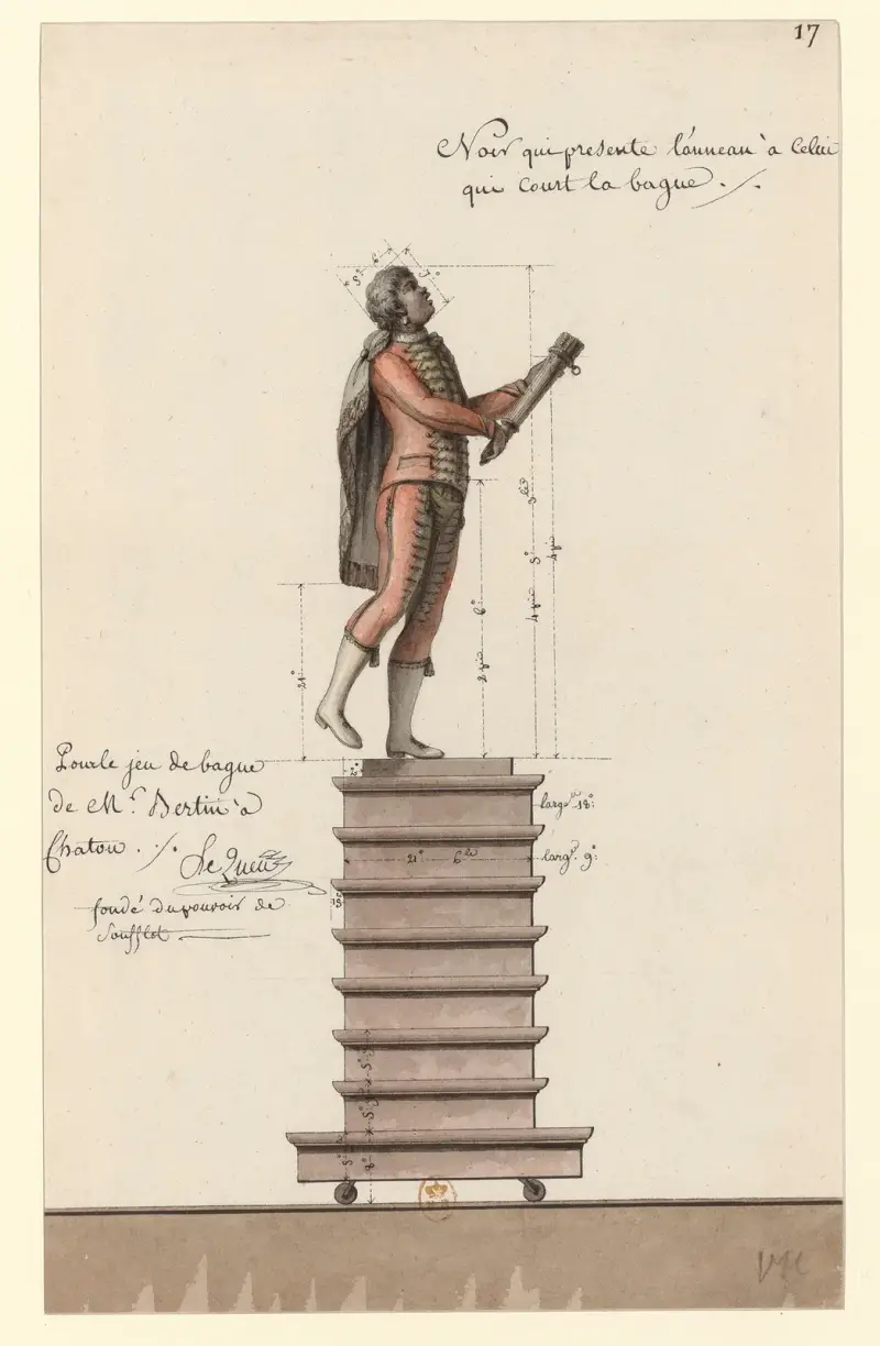 Noir qui présente l’anneau à celui qui court la bague. Pour le jeu de bague de Mr. Bertin à Chatou av Jean Jacques Lequeu