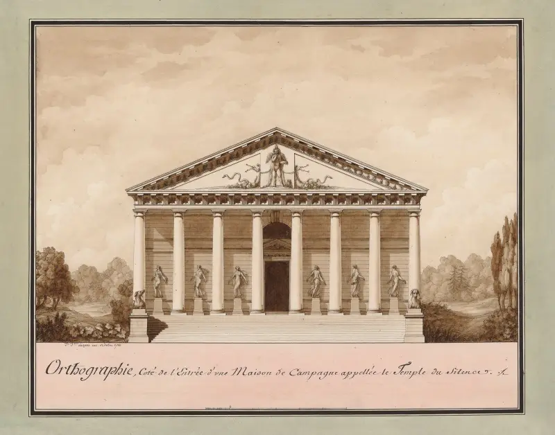 Rättskrivning, vid entrén till ett lantställe kallat Tystnadens tempel av Jean Jacques Lequeu