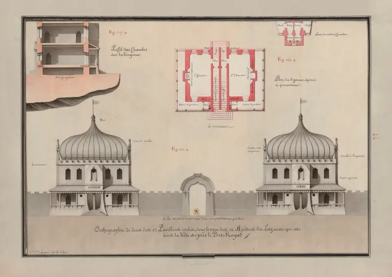 Orthographie de deux des 12 pavillons isolés, sous le nom des 12 Apôtres du Lazaret qui est hors la ville et près de Port-Royal av Jean Jacques Lequeu