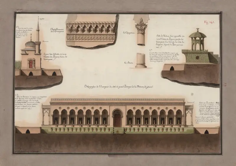 Orthographie de l’orangerie du côté du grand potager de la maison de plaisir ; L’entablement de l’orangerie ; Le chapiteau ; La base av Jean Jacques Lequeu