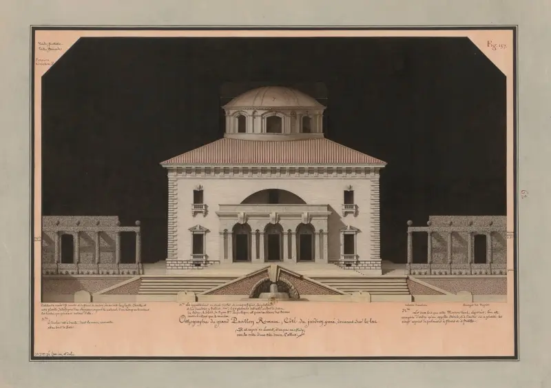 Orthographie du grand pavillon romain, côté du jardin paré, donnant sur le lac av Jean Jacques Lequeu