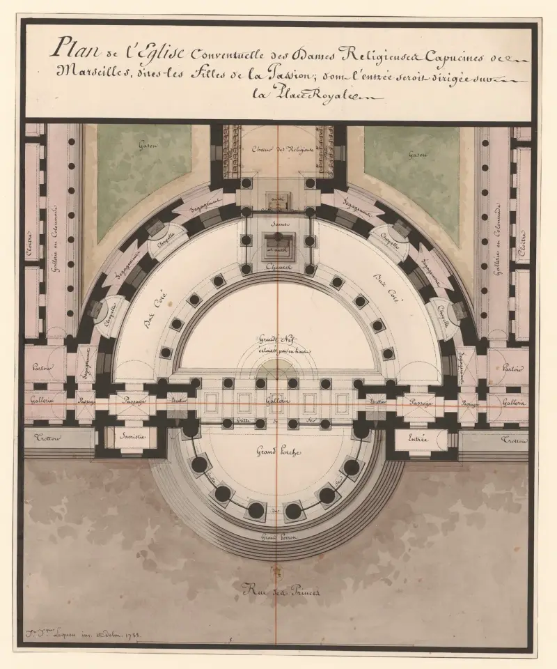 Plan över klosterkyrkan för de vördade nunnorna kapucinerna i Marseille, kallade passionsdöttrarna av Jean Jacques Lequeu