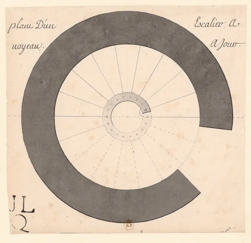Plan över en öppen spiraltrappa av Jean Jacques Lequeu