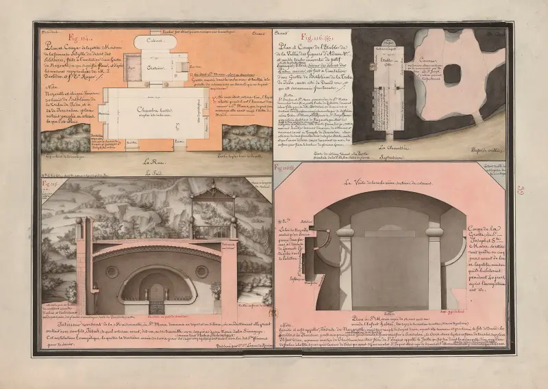 Plan et coupe de la petite maison de la fameuse sybille du désert des solitaires, faits à l’imitation d’une grotte de Nazareth av Jean Jacques Lequeu