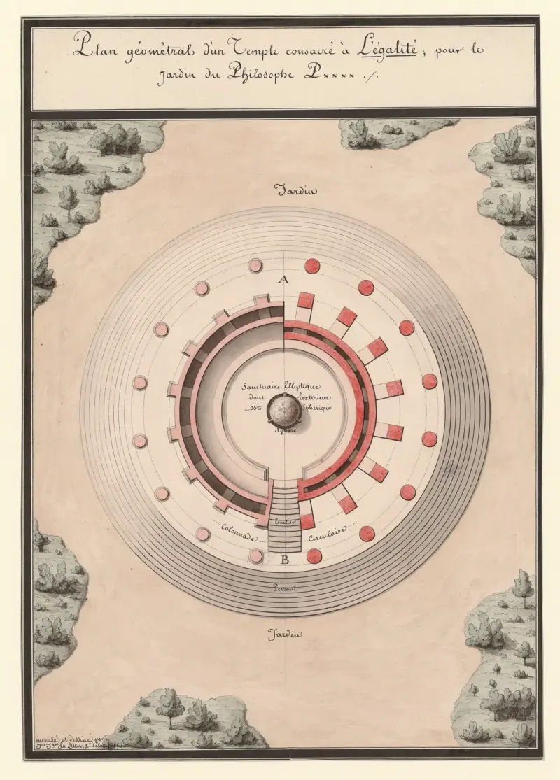Geometrisk plan över ett tempel invigt åt Jämlikheten av Jean Jacques Lequeu