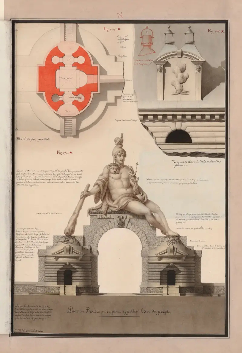 Porte du Parisis qu’on peut appeler l’arc du peuple ; Moitié du plan géométral ; Tuyaux de cheminées de la maison de plaisance av Jean Jacques Lequeu