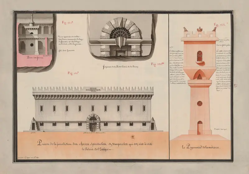 Prison de la juridiction des choses spiritueles et temporeles… ; Préau des femmes ; Fragment de la porte d’entrée de la prison ; Le pigeonnier de la métairie av Jean Jacques Lequeu