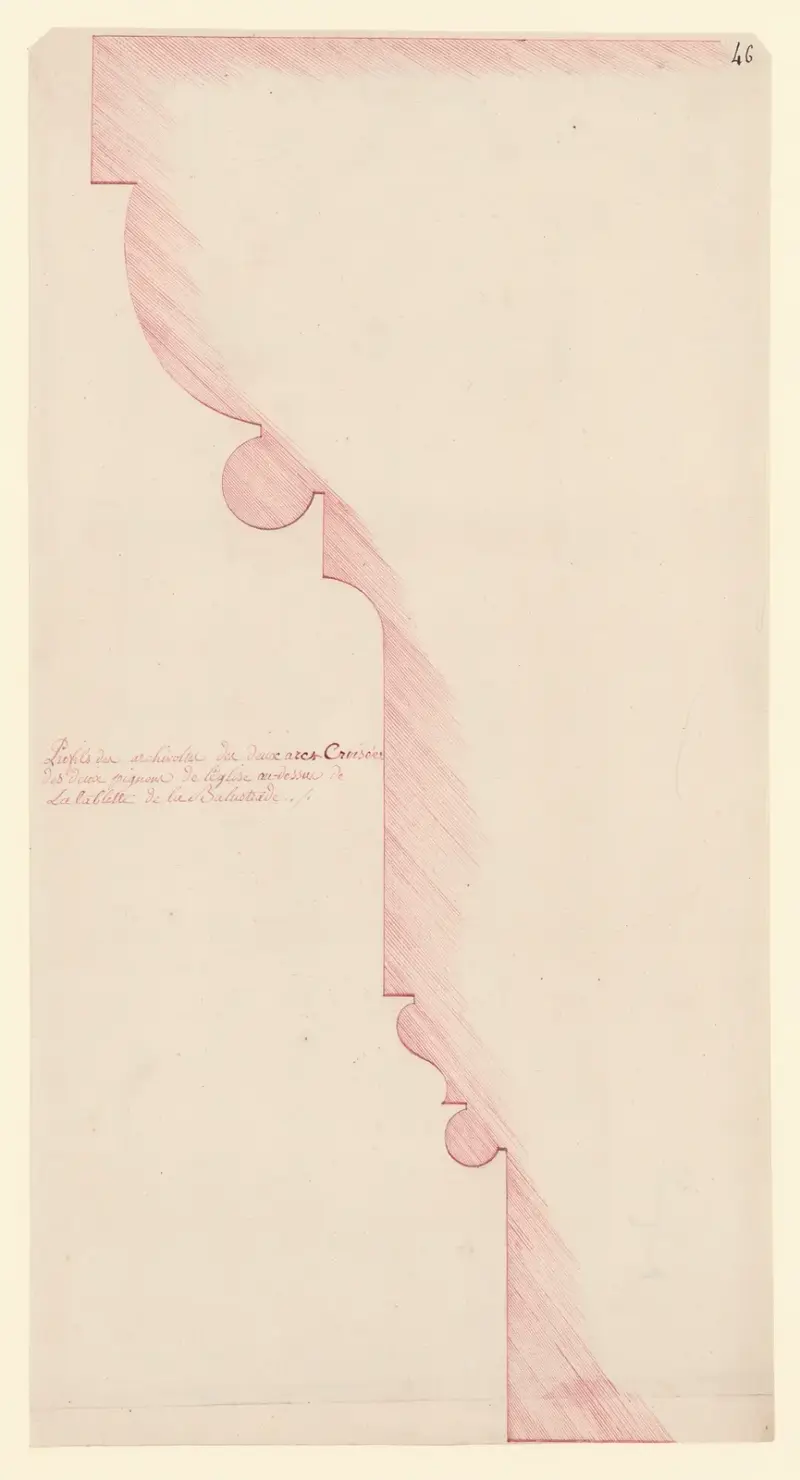 Profile der Archivolten der beiden Bögen. Kreuzungen der beiden Giebel der Kirche über der Tafel der Balustrade von Jean Jacques Lequeu
