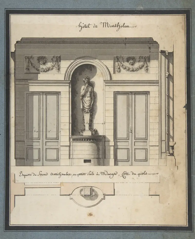 Sektion och plan av Hôtel de Montholons lilla matsal av Jean Jacques Lequeu