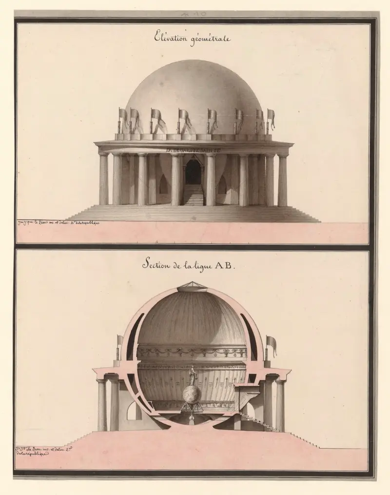 Der Gleichheit geweihter Tempel. Geometrische Aufrisszeichnung; Schnitt entlang der Linie AB von Jean Jacques Lequeu
