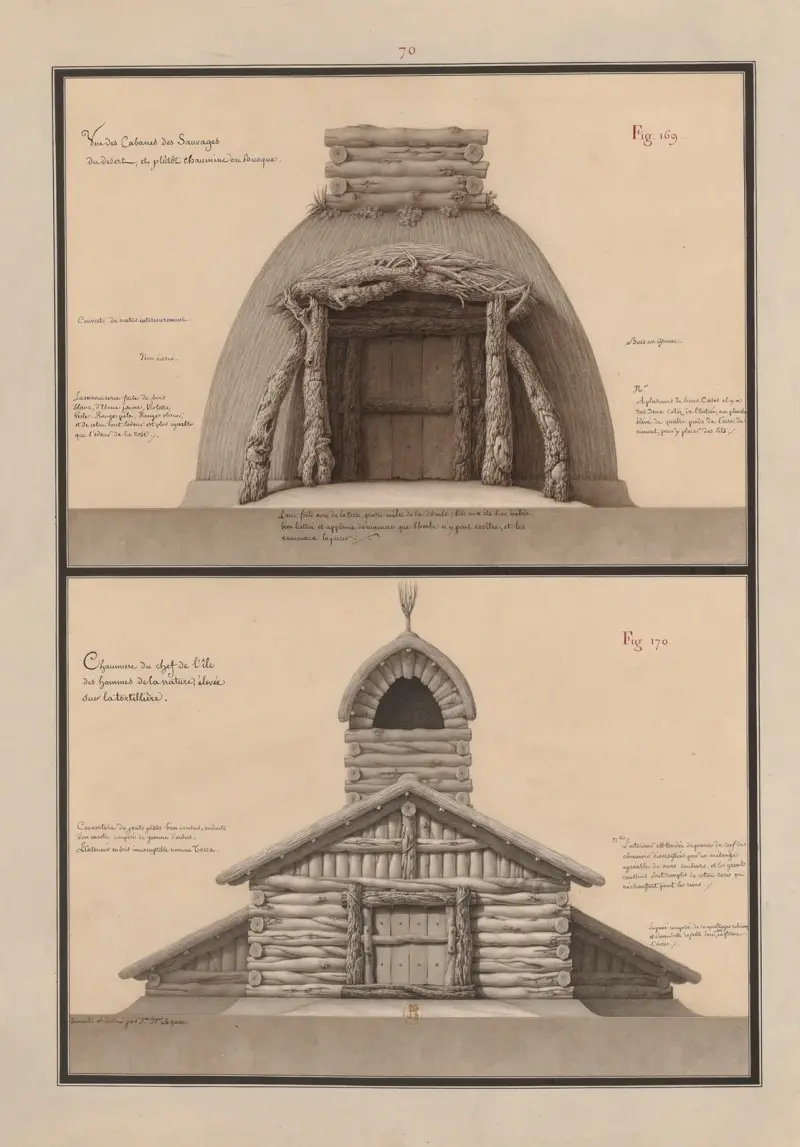 Une des cabanes des sauvages du desert, et plûtôt chaumine ou bicoque ; Chaumiere du chef de l’île des hommes de la nature, élevée sur la tortillière av Jean Jacques Lequeu