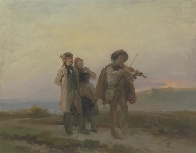 Abendlicher Spaziergang, Geiger und Bauernpaar auf den Feldern av Jakob Becker