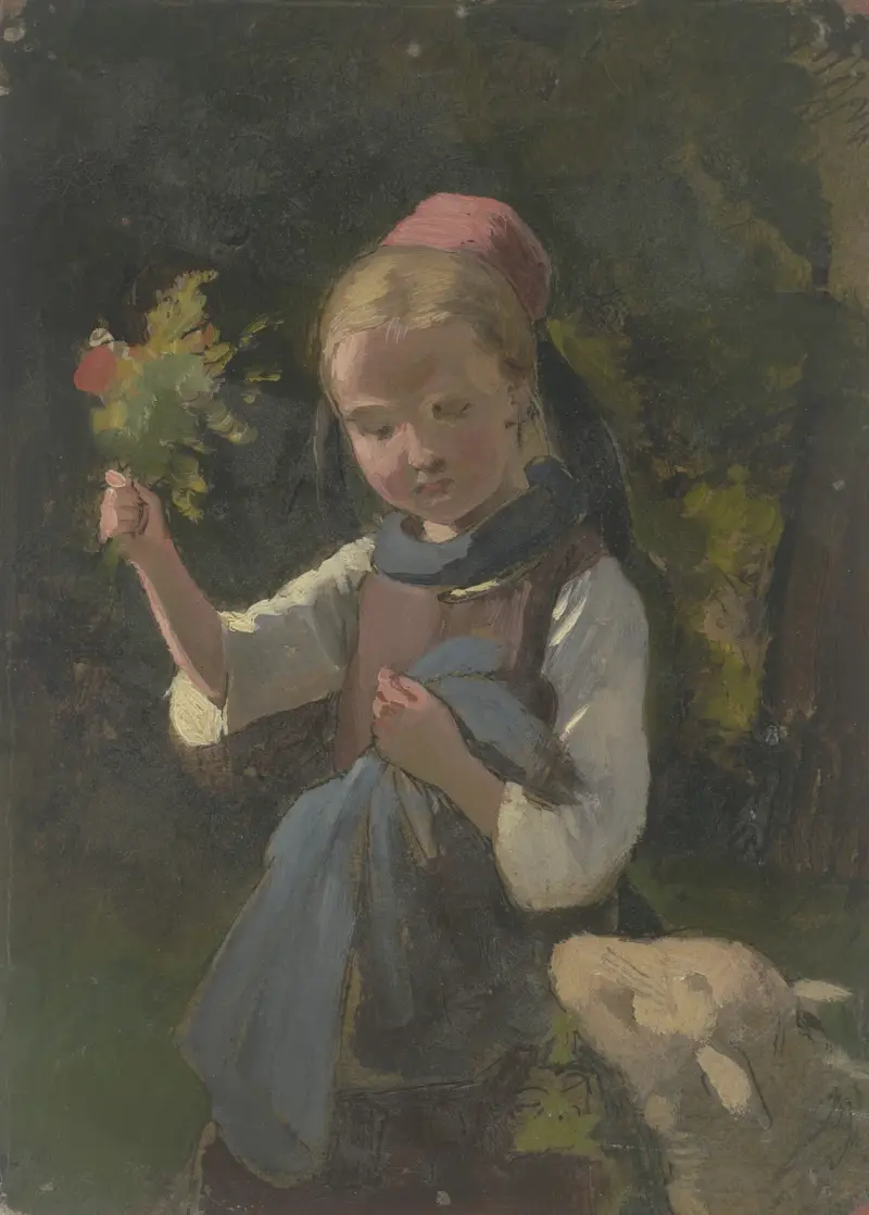 Bondflicka med blombukett, från höger ett får av Jakob Becker