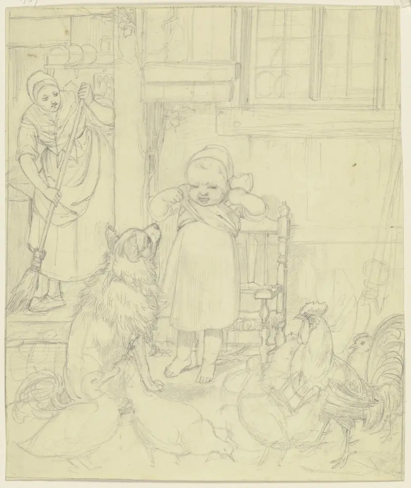 Bauersfrau, Kind, Hund und Hühner av Jakob Becker