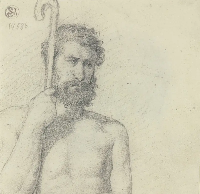 Halvfigur av manlig modell med herdestav av Jakob Becker