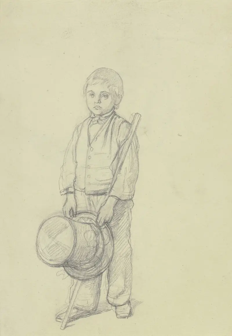 Liten pojke med stor cylinderhatt i handen av Jakob Becker
