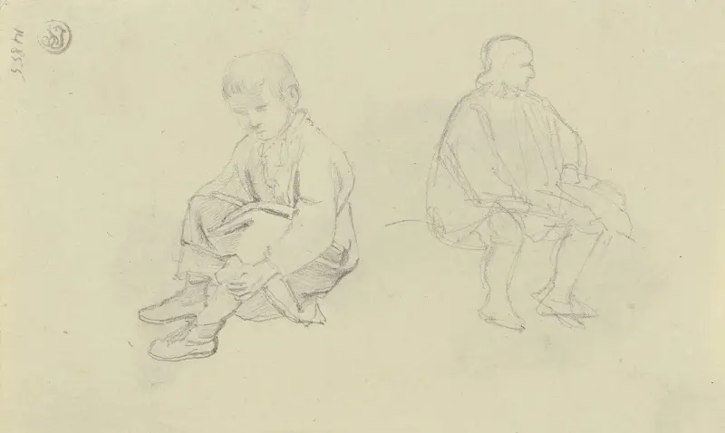 Studienblatt; Ein sitzender Junge und ein sitzender Mann av Jakob Becker