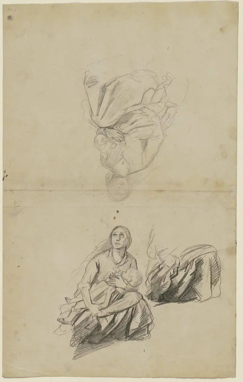 Studieblad; kvinna med barn, kvinnohuvud, ärm av Jakob Becker