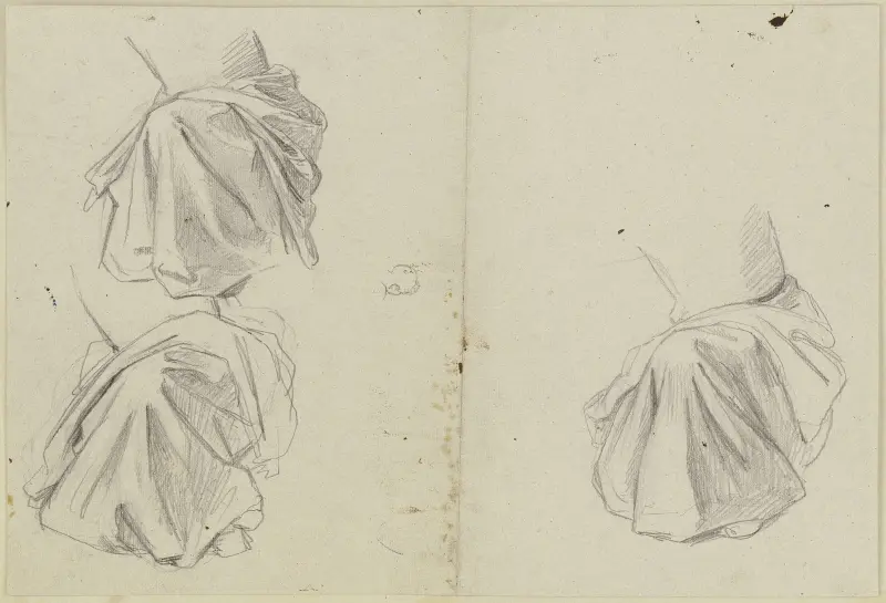 Studieblad; Knäende draperade figurer av Jakob Becker