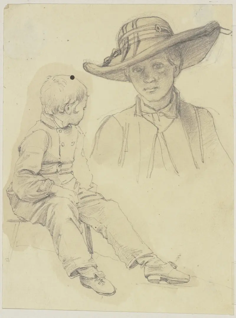 Studieblad; sittande pojke i profil och bröstbild av ung kvinna med hatt av Jakob Becker