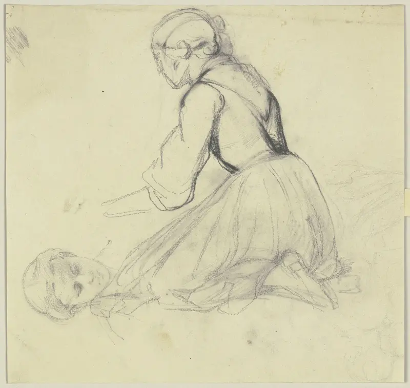 Studieblad; Knäböjande kvinna av Jakob Becker
