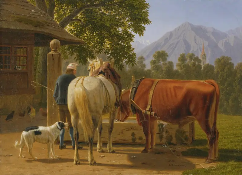 Ein Pferd und eine Kuh an einem Brunnen, im Hintergrund der Gipfel Niesen von Johann Jakob Biedermann