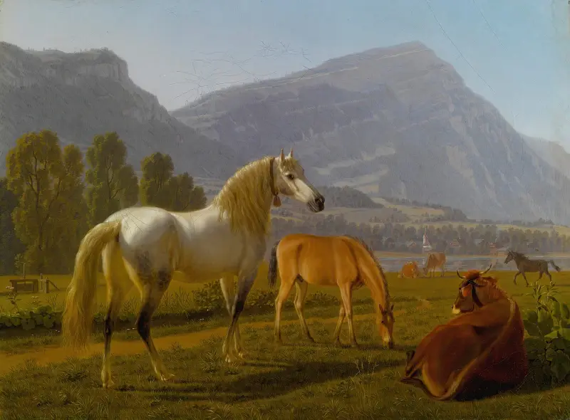 Alplandskap med hästar av Johann Jakob Biedermann