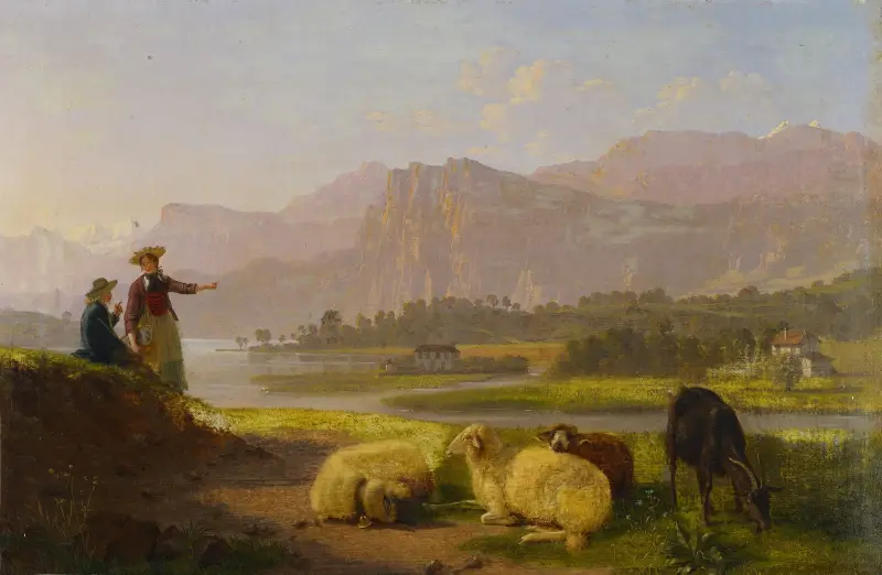 Lakeside near Lucerne with Grazing Flock av Johann Jakob Biedermann