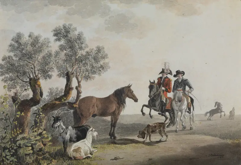 Två ryttare som tar vägen över en djurhage av Johann Jakob Biedermann