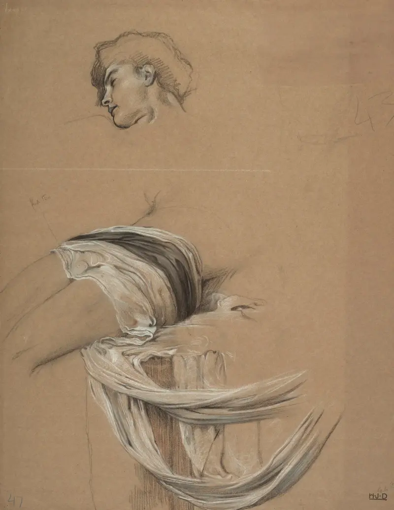 Studies of a man’s draped waist, and head av Herbert James Draper