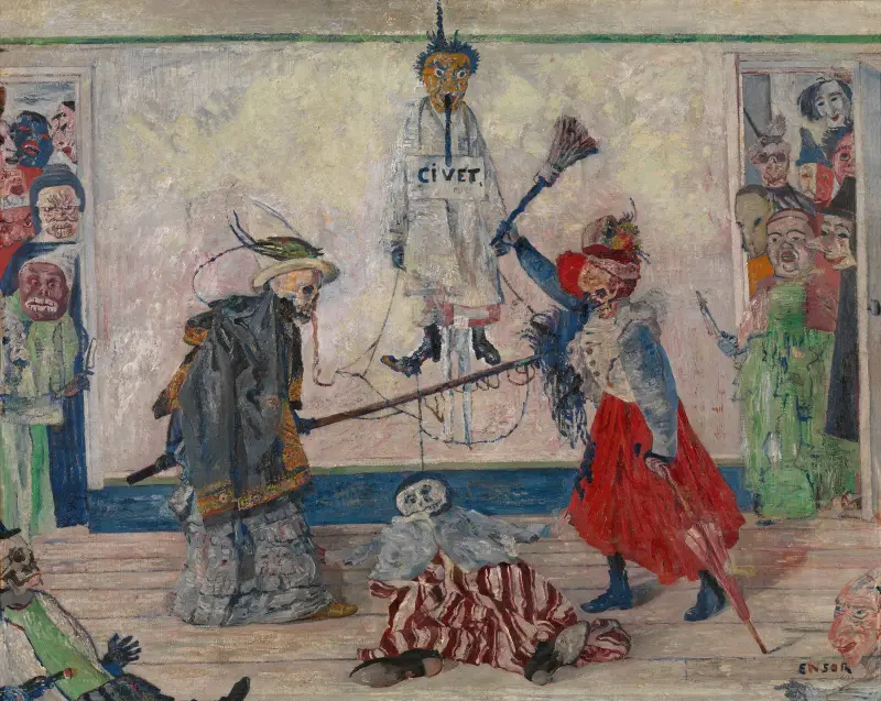 Skelette, die um den Körper eines Gehängten kämpfen von James Ensor