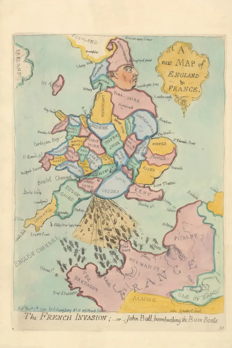 A New Map of England & France. The French Invasion; – or – John Bull bombarding the Bum-Boats av James Gillray