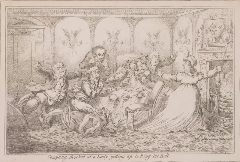 Company shocked at a lady getting up to ring the bell av James Gillray