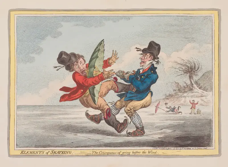 Elements of skateing. The consequence of going before the wind av James Gillray