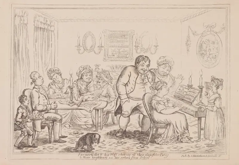 Farmer Giles & his wife shewing off their daughter Betty to their neighbors on her return from school av James Gillray