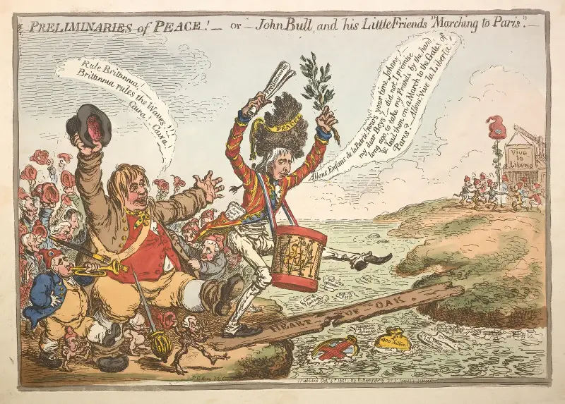 Preliminaries of peace! – or – John Bull and his little friends marching to Paris!. av James Gillray