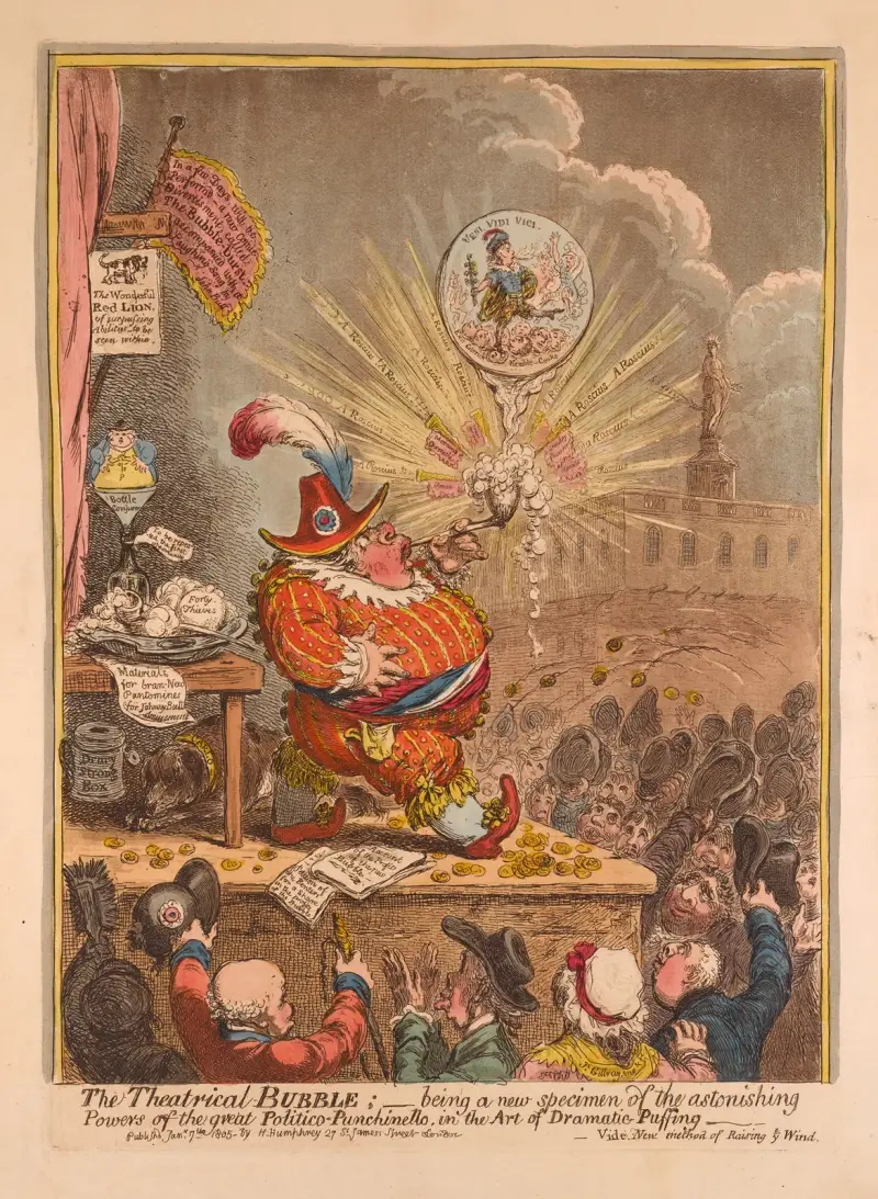 The theatrical bubble – being a new specimen of the astonishing powers of the great Politico-Punchinello in the art of dramatic puffing av James Gillray