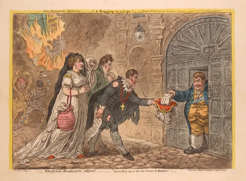 Theatrical-Mendicants, relieved. Have pity on all our aches & wantes!. av James Gillray