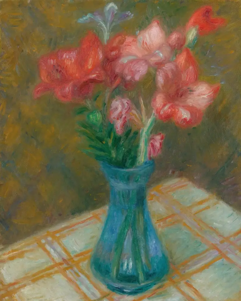 Gladioler i grön glasvas av William James Glackens