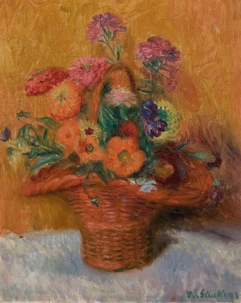 Röd korg med zinnior av William James Glackens