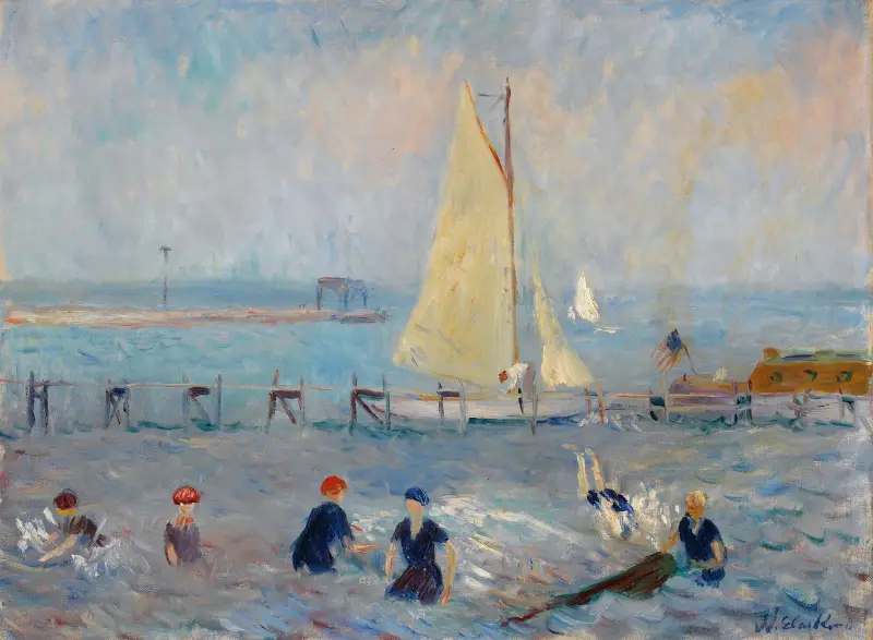 Pejzaż morski z sześcioma kąpiącymi się, Bellport, William James Glackens
