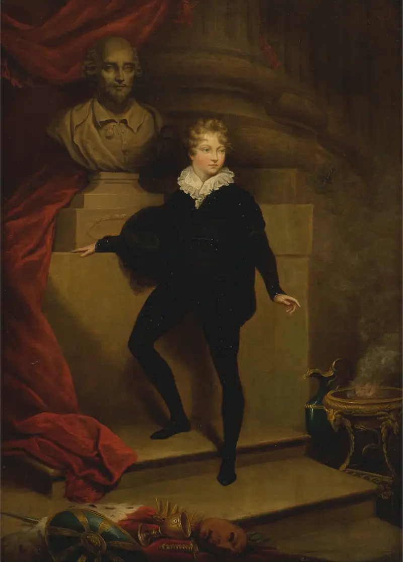 Master Betty als Hamlet vor einer Büste Shakespeares von James Northcote